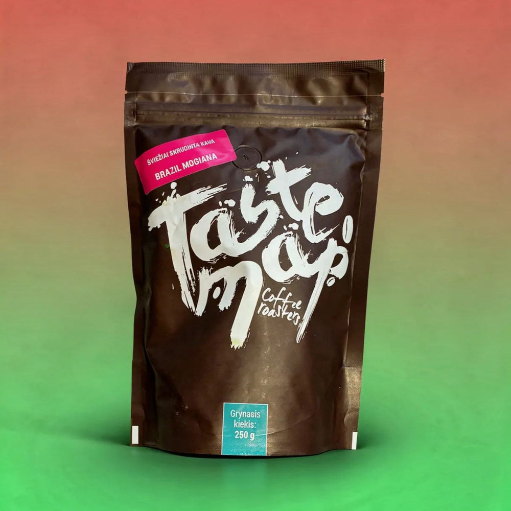 Brown coffee bag with 'Taste Map' branding on a gradient background