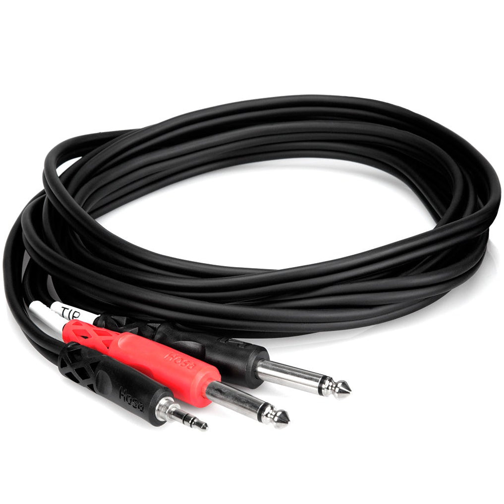 Hosa CMP-153 3.5mm TRS to dual 6.3mm TS Y-cable, 1m length, featuring flexible coil design for easy connectivity.