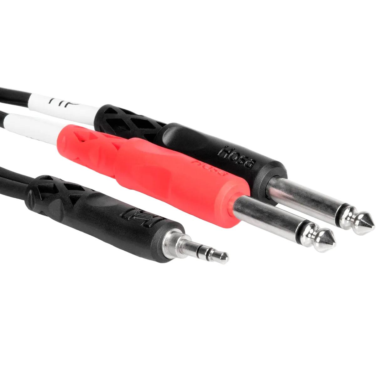 Hosa CMP-153 3.5mm TRS to dual 6.3mm TS Y-cable, 1 meter length with black connectors and flexible cable design.