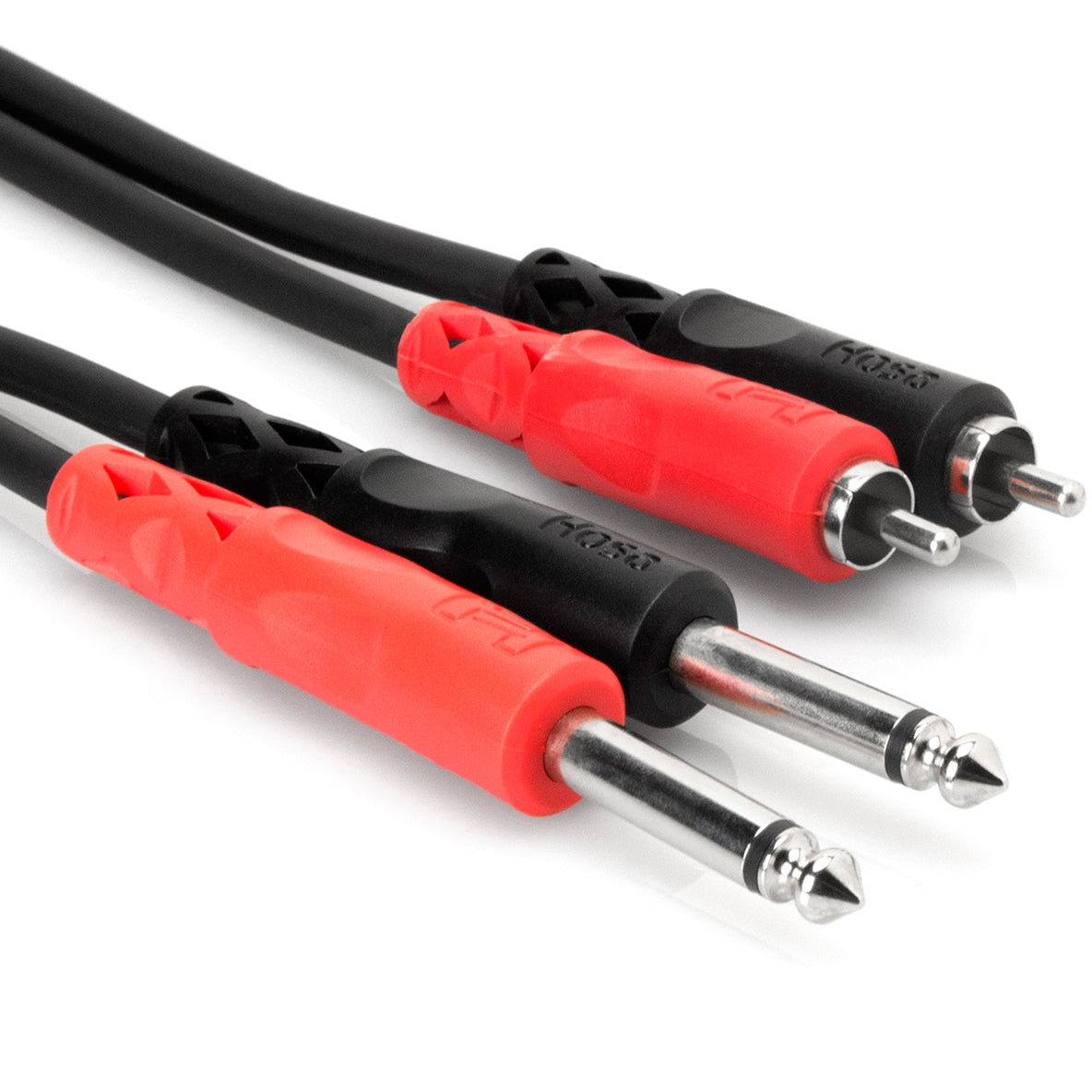 Hosa CPR-202 dual 6.3mm TS to dual RCA cable, 2m length, featuring durable connectors and flexible cord design.