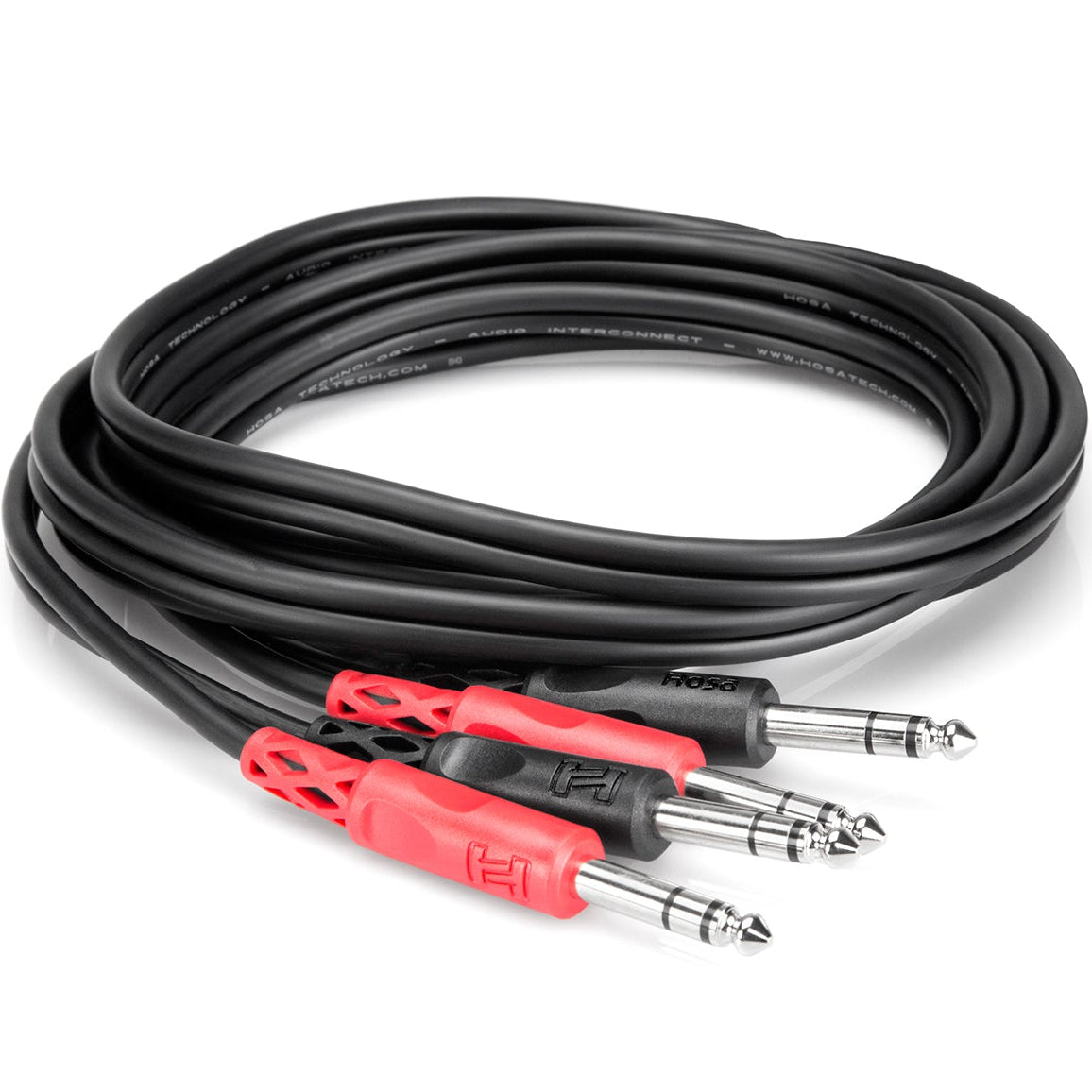 Hosa CSS-203 dual 6.3mm TRS cable, 3m length, coiled design, ideal for audio connections and studio setups.
