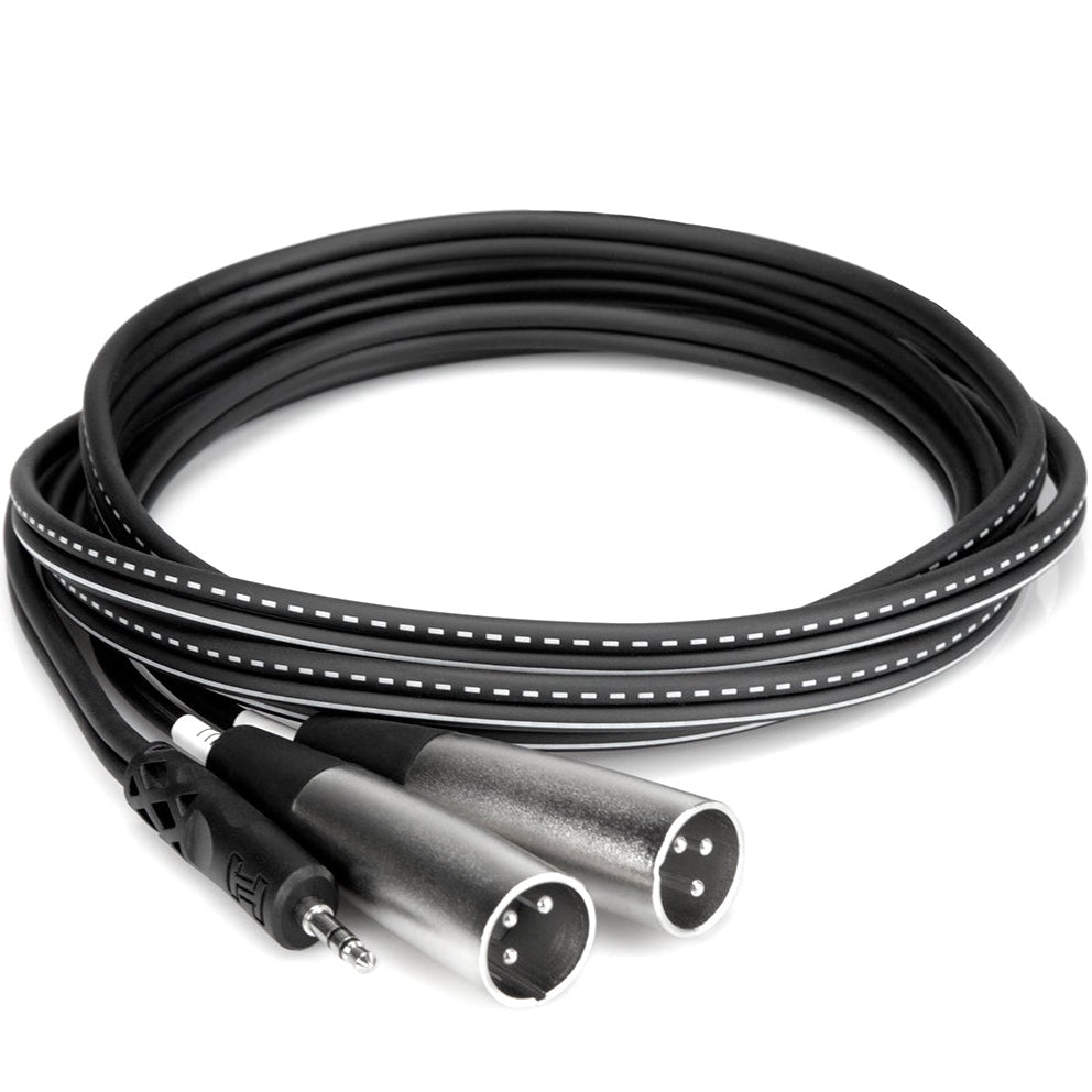 Hosa CYX-403M 3.5mm TRS to dual XLR male Y-cable, 3m length, coiled design for audio connections.