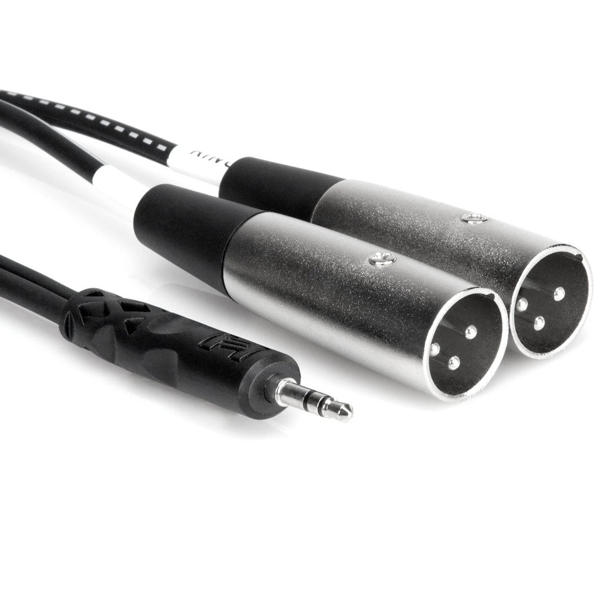 Hosa CYX-402M 3.5mm TRS to dual XLR male Y-cable, 2 meters long, featuring black connectors and sturdy cable design.