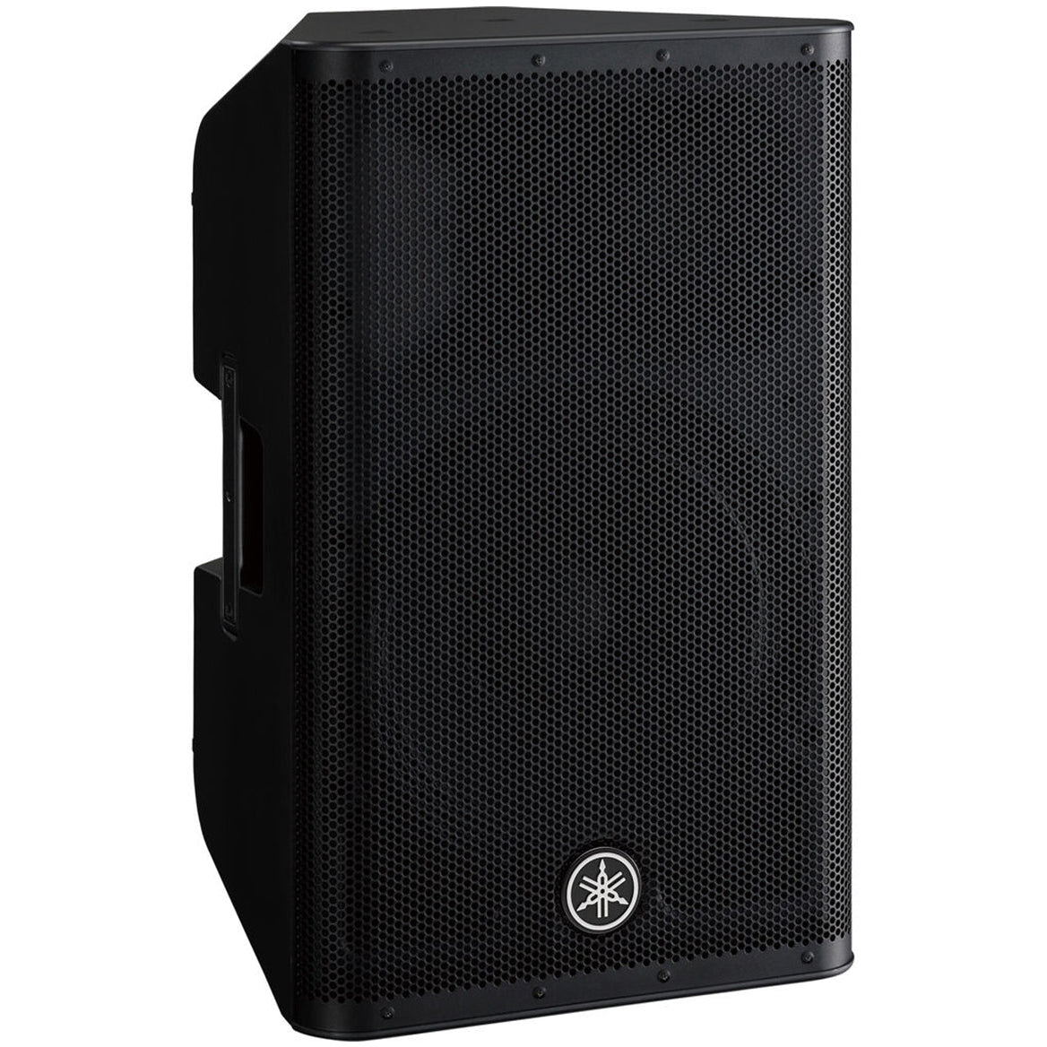 Yamaha DXR12 MK2 PA speaker, showcasing a sleek black design with a robust grille and side handle for easy transport.