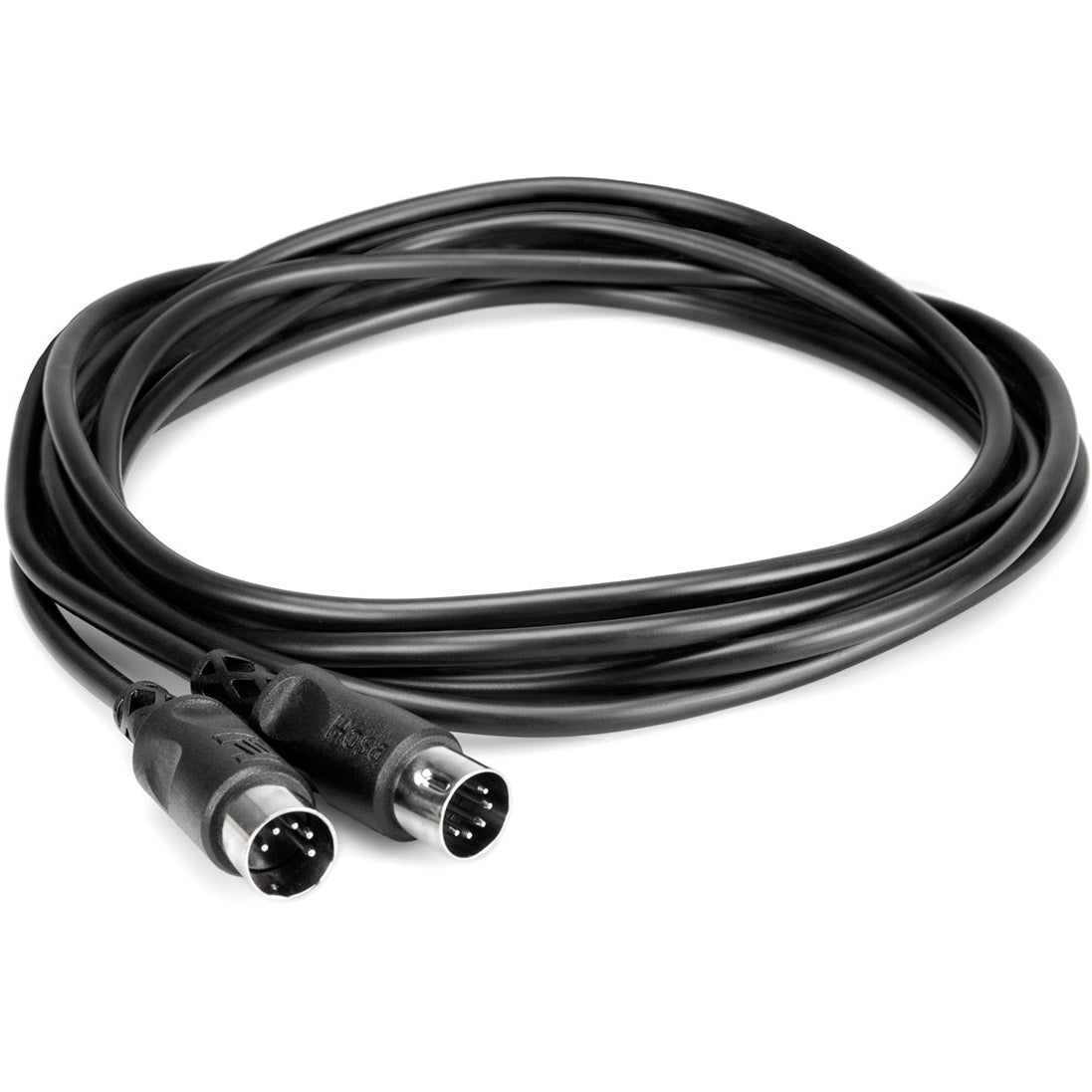Hosa MID-310BK 3m MIDI cable coiled, featuring durable connectors and flexible design for music equipment connectivity.