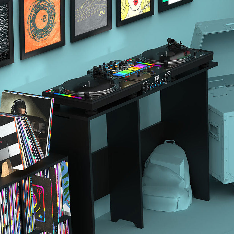 Glorious Mix Station 2 DJ table featuring a sleek design and ample space for equipment setup and organization.
