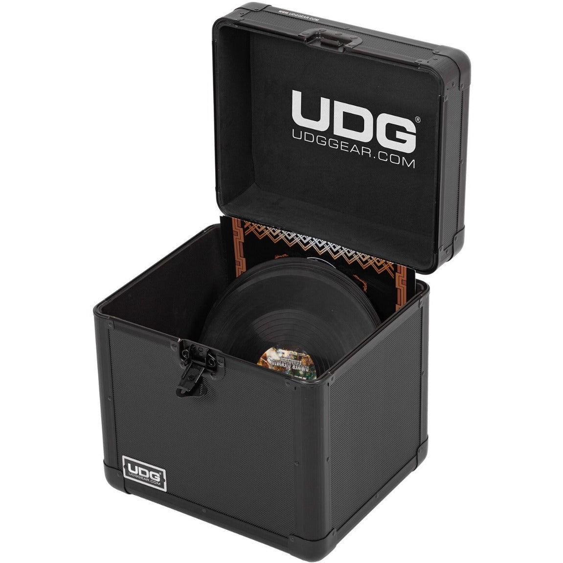 UDG Ultimate Record Case 80 in black, designed for DJs to securely store and transport vinyl records.