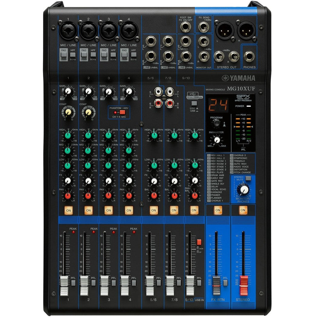 Yamaha MG10XUF analog mixer with multiple input channels and compact design, ideal for live sound and recording.