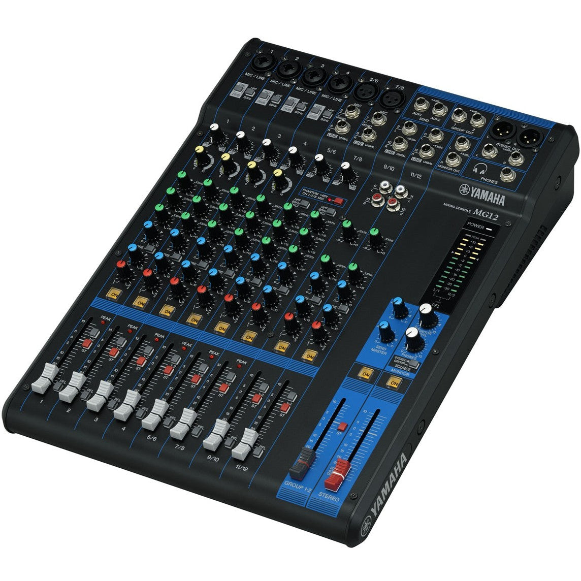 Yamaha MG12 analog mixer with multiple input channels and control knobs on a sleek black surface.