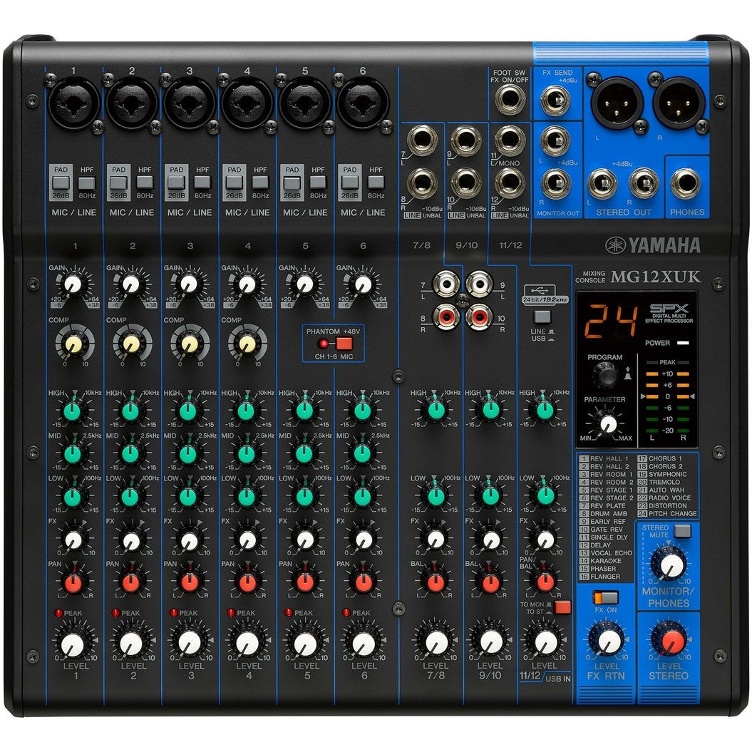 Yamaha MG12XUK analog mixer with multiple input channels and clear control layout on a sleek design.