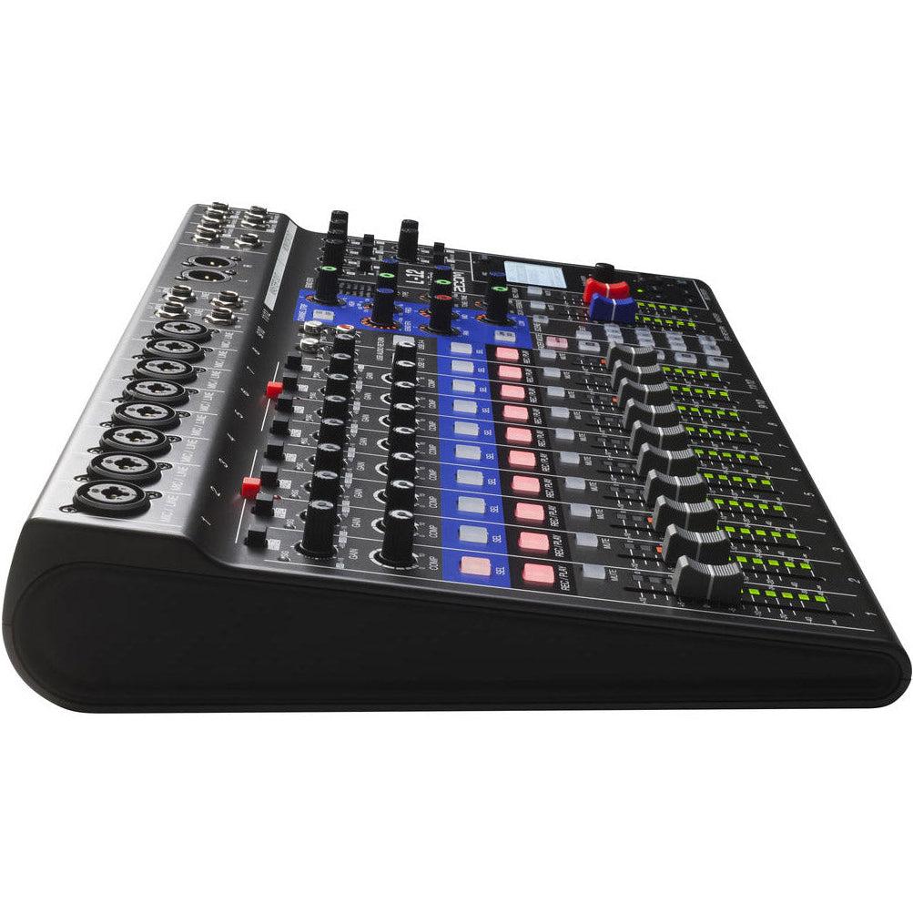 Zoom LiveTrak L-12 digital mixer with multiple faders and controls, designed for live audio mixing and recording.